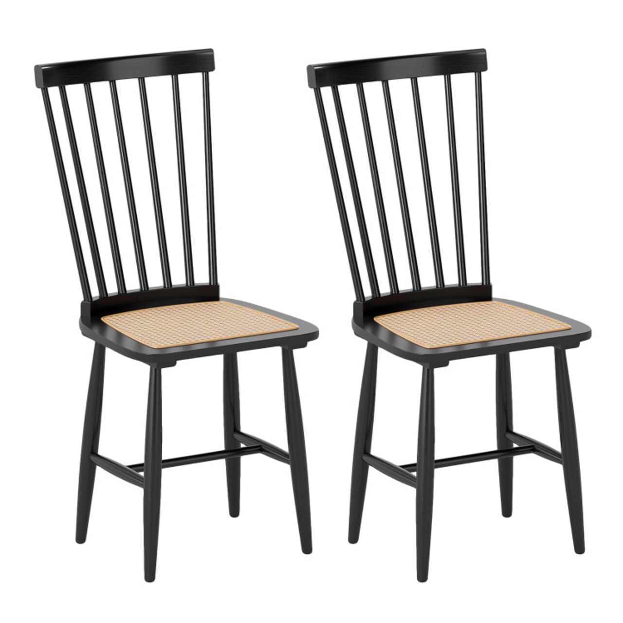 Farmhouse Solid Rubberwood Dining Chairs Set of 2 with PE Rattan Seats